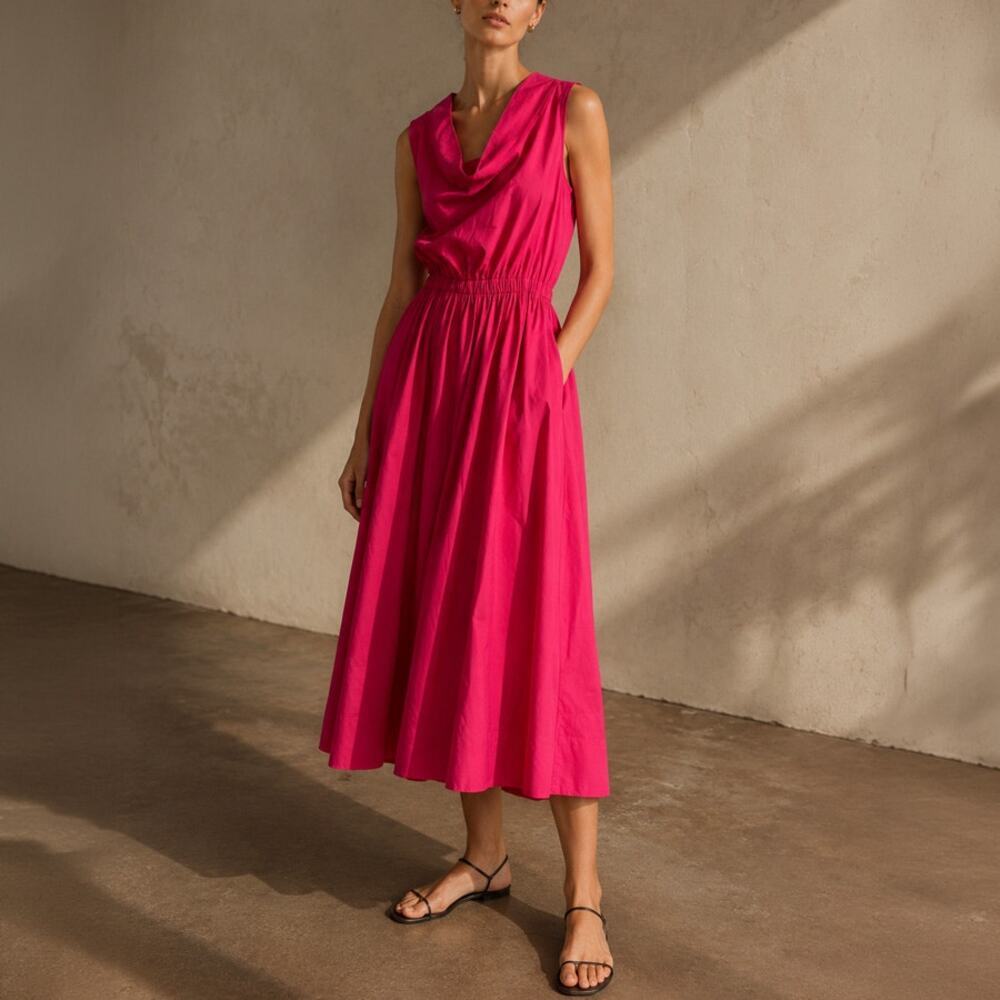 CO. Hot Pink Fall Winter 2019 Sleeveless Poplin Midi Dress Size S